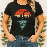 Bigfoot Riding Loch Ness Monster 80s Funny Sasquatch Nessie Women's T-Shirt thumb 2