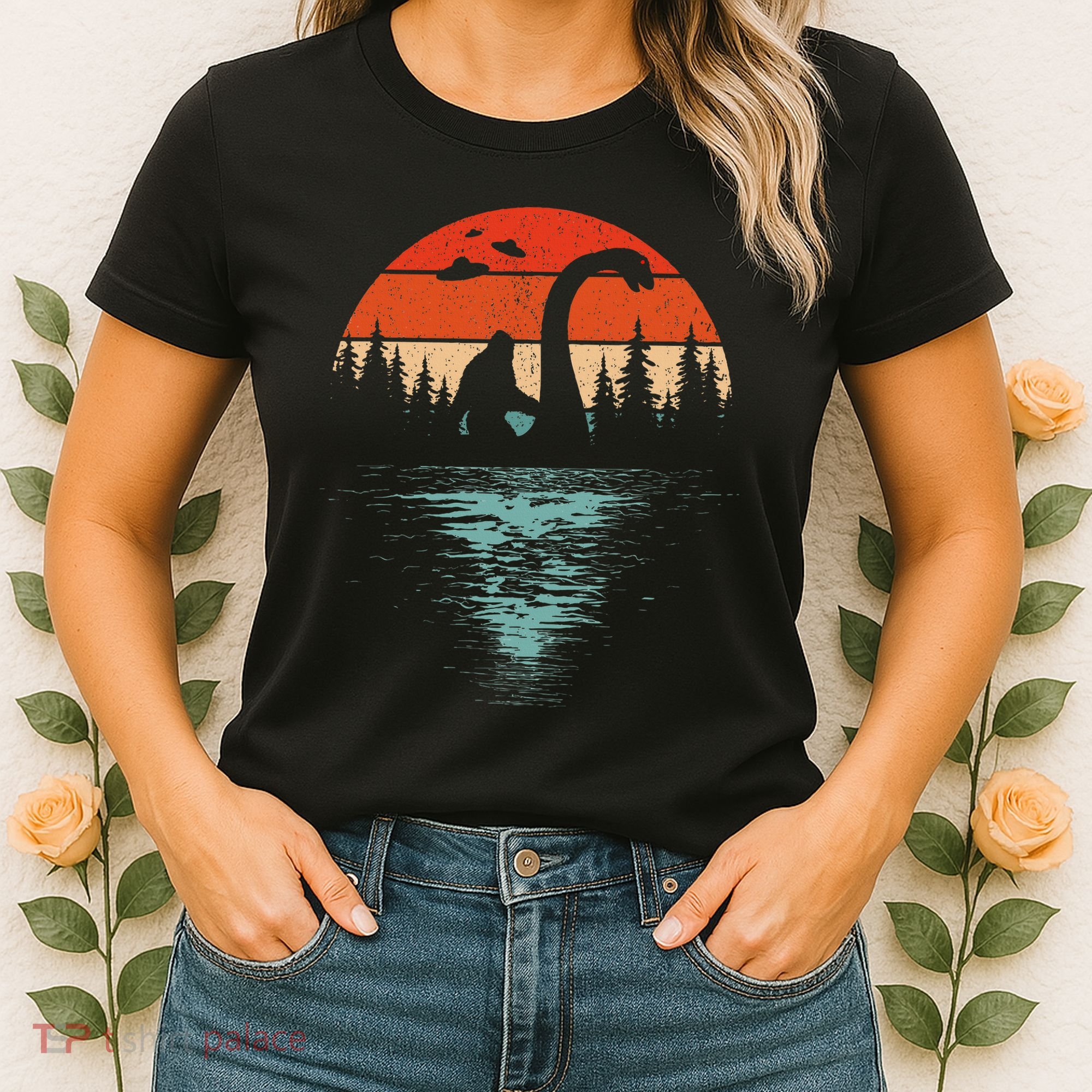 Bigfoot Riding Loch Ness Monster 80s Funny Sasquatch Nessie Women's T-Shirt