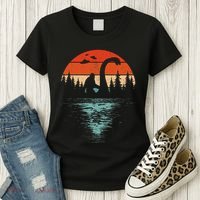 Bigfoot Riding Loch Ness Monster 80s Funny Sasquatch Nessie Women's T-Shirt thumb 3