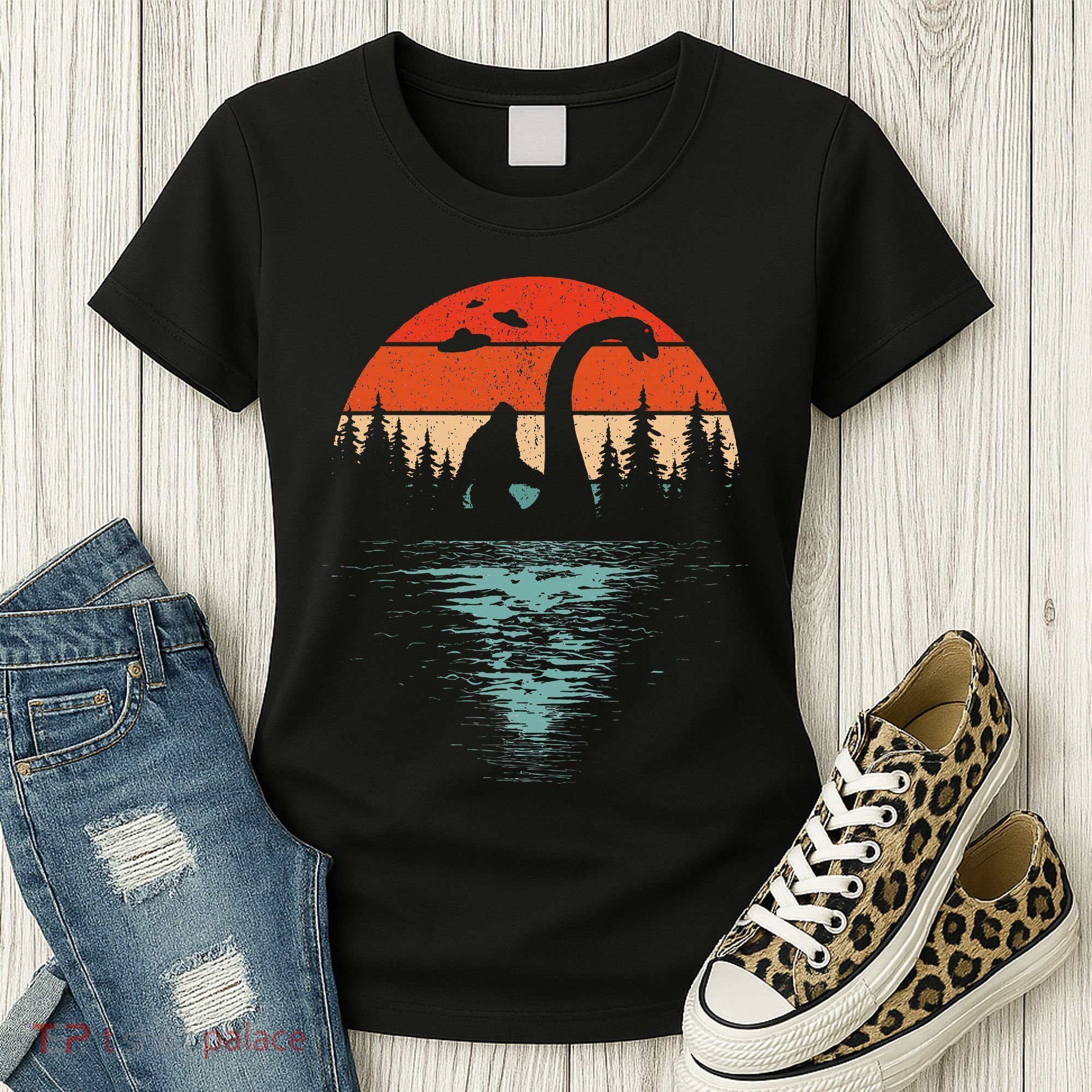 Bigfoot Riding Loch Ness Monster 80s Funny Sasquatch Nessie Women's T-Shirt