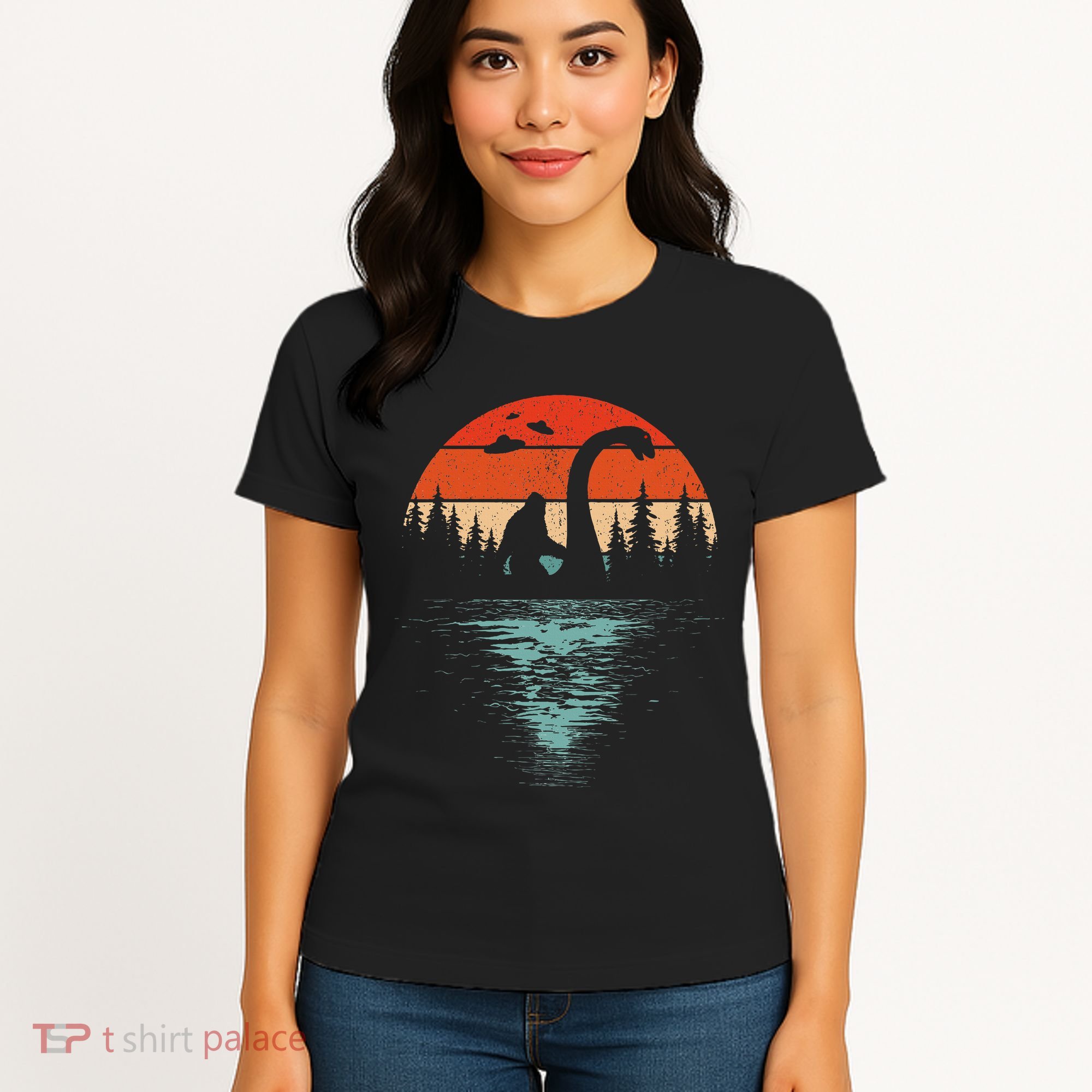 Bigfoot Riding Loch Ness Monster 80s Funny Sasquatch Nessie Women's T-Shirt