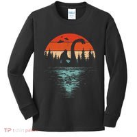 Bigfoot Riding Loch Ness Monster 80s Funny Sasquatch Nessie Kids Long Sleeve Shirt thumb 0