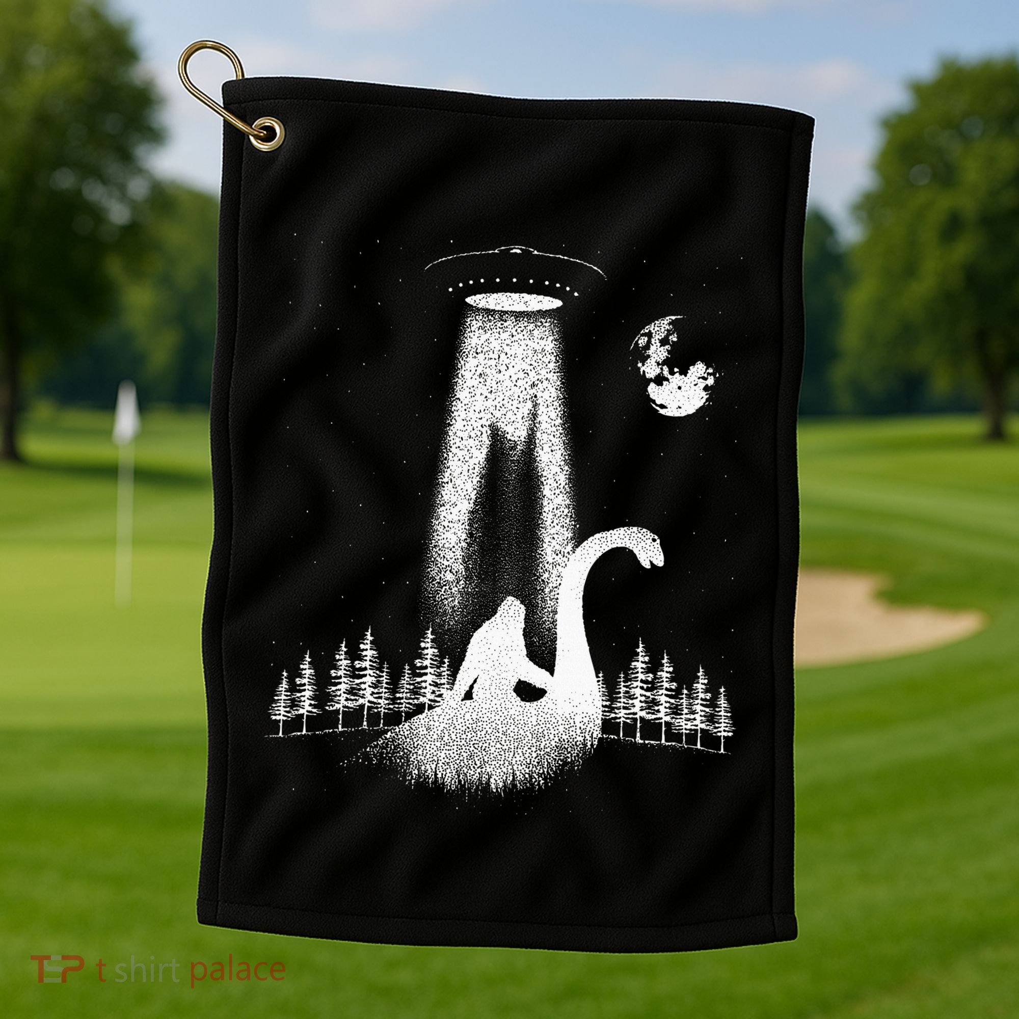Bigfoot Riding Loch Ness Monster Nessie Funny Sasquatch Ufo Golf Towel