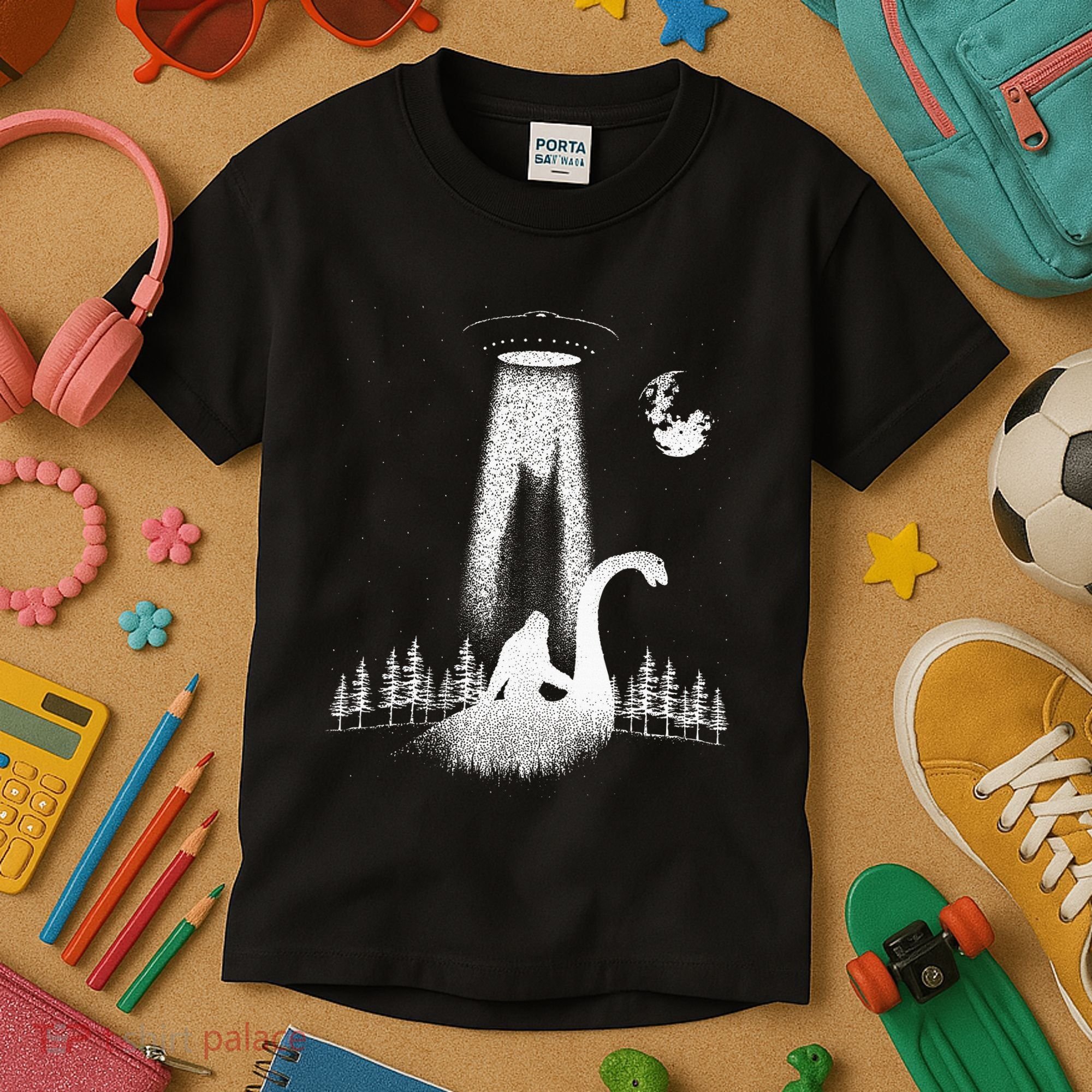 Bigfoot Riding Loch Ness Monster Nessie Funny Sasquatch Ufo Kids T-Shirt