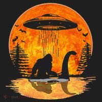 Bigfoot Riding Loch Ness Alien Ship UFO Moon Halloween Women's Sweatshirt thumb 2