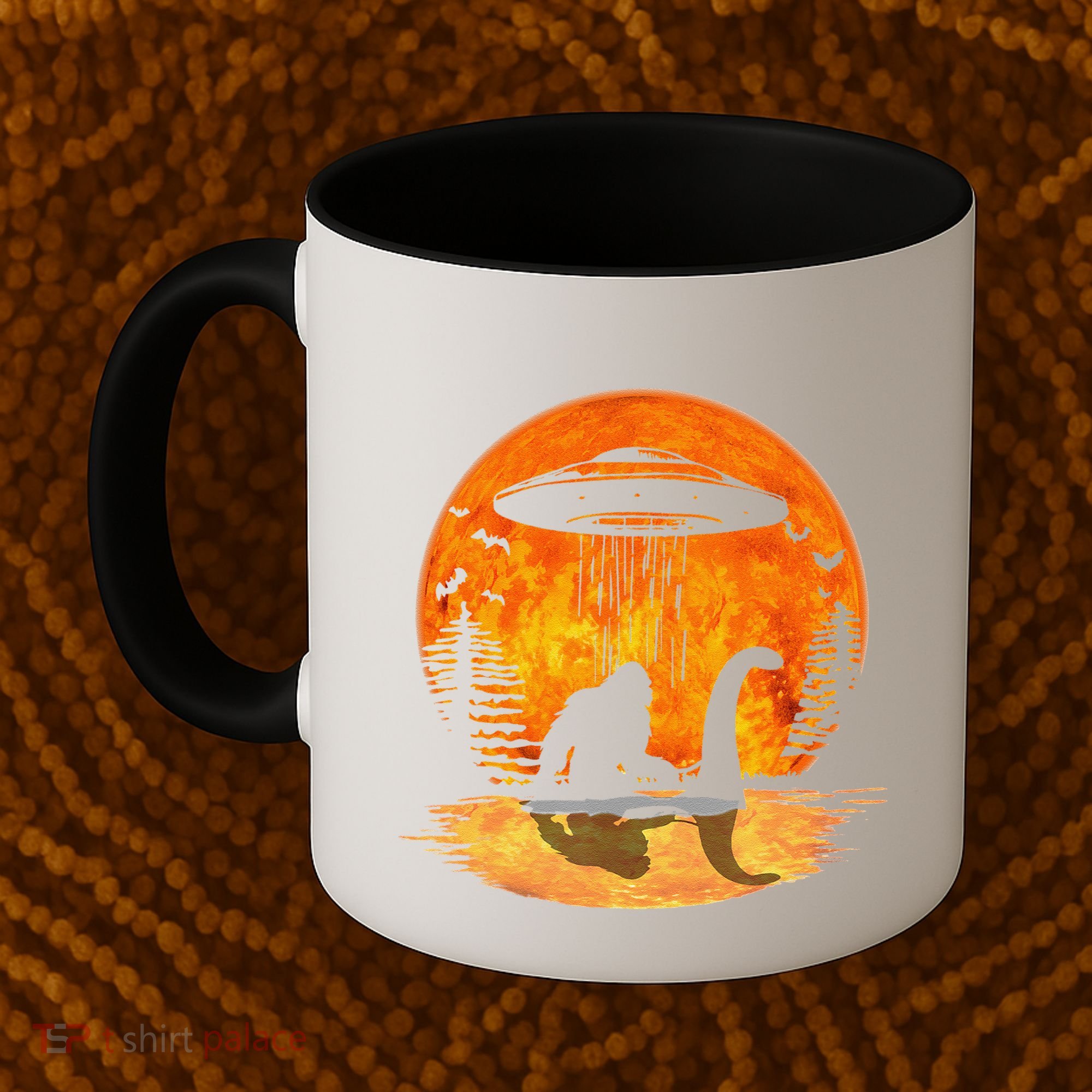 Bigfoot Riding Loch Ness Alien Ship UFO Moon Halloween Coffee Mug