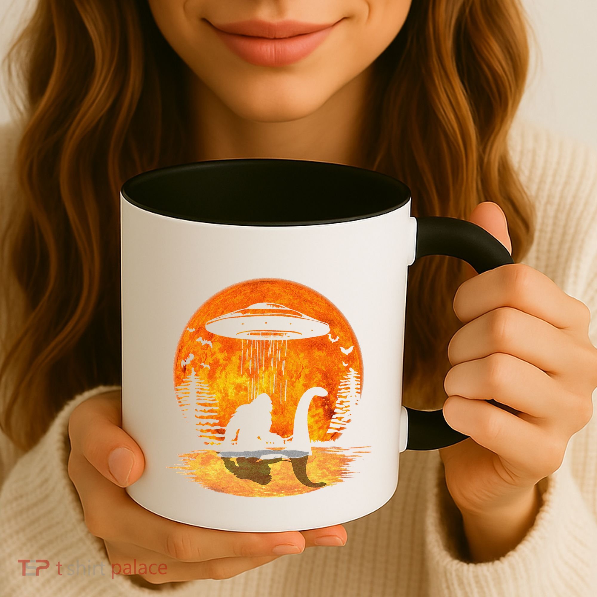 Bigfoot Riding Loch Ness Alien Ship UFO Moon Halloween Coffee Mug