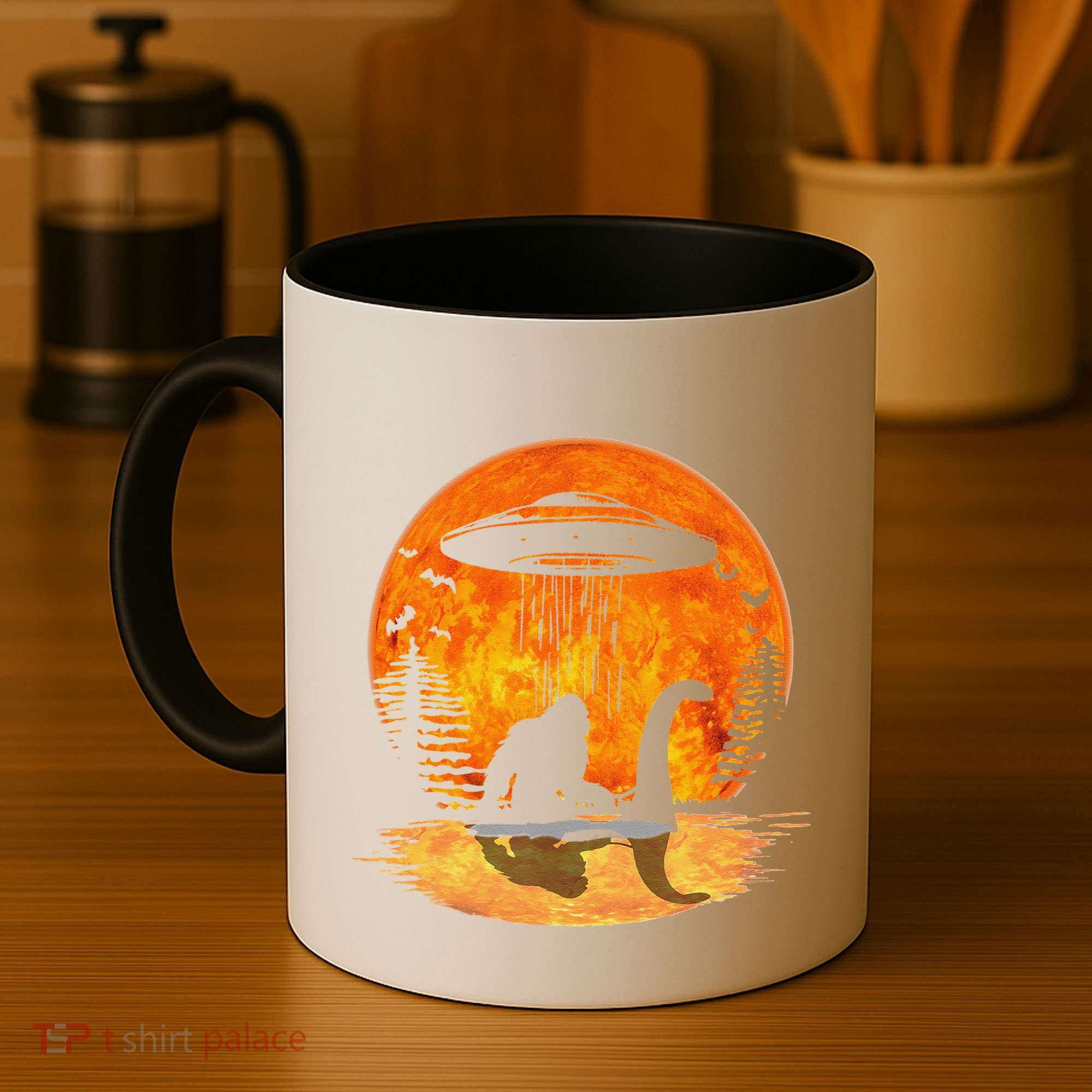 Bigfoot Riding Loch Ness Alien Ship UFO Moon Halloween Coffee Mug