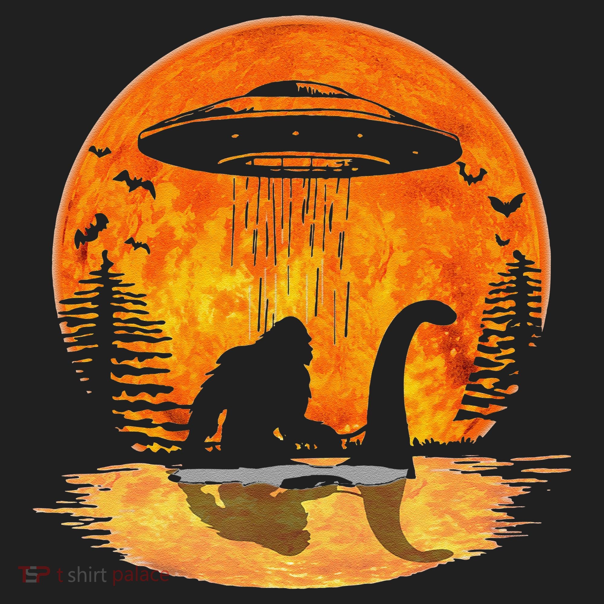 Bigfoot Riding Loch Ness Alien Ship UFO Moon Halloween Beanie