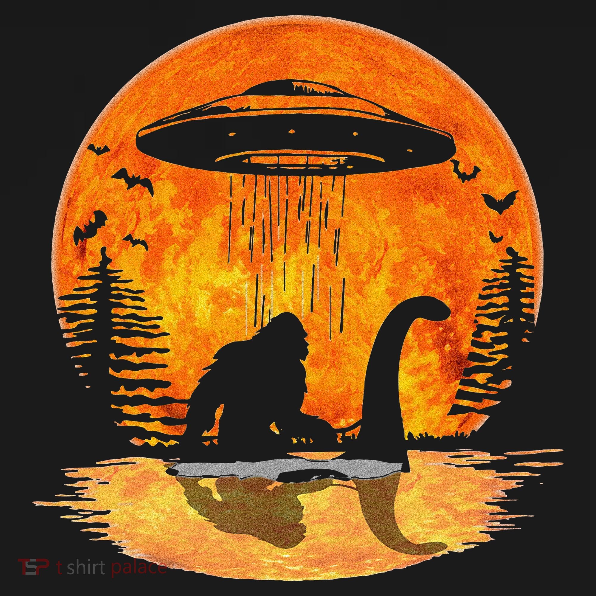 Bigfoot Riding Loch Ness Alien Ship UFO Moon Halloween Pajama Set
