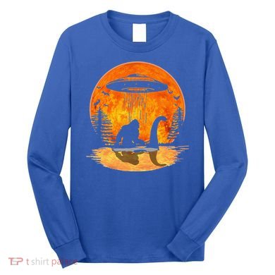 Bigfoot Riding Loch Ness Alien Ship UFO Moon Halloween Long Sleeve Shirt
