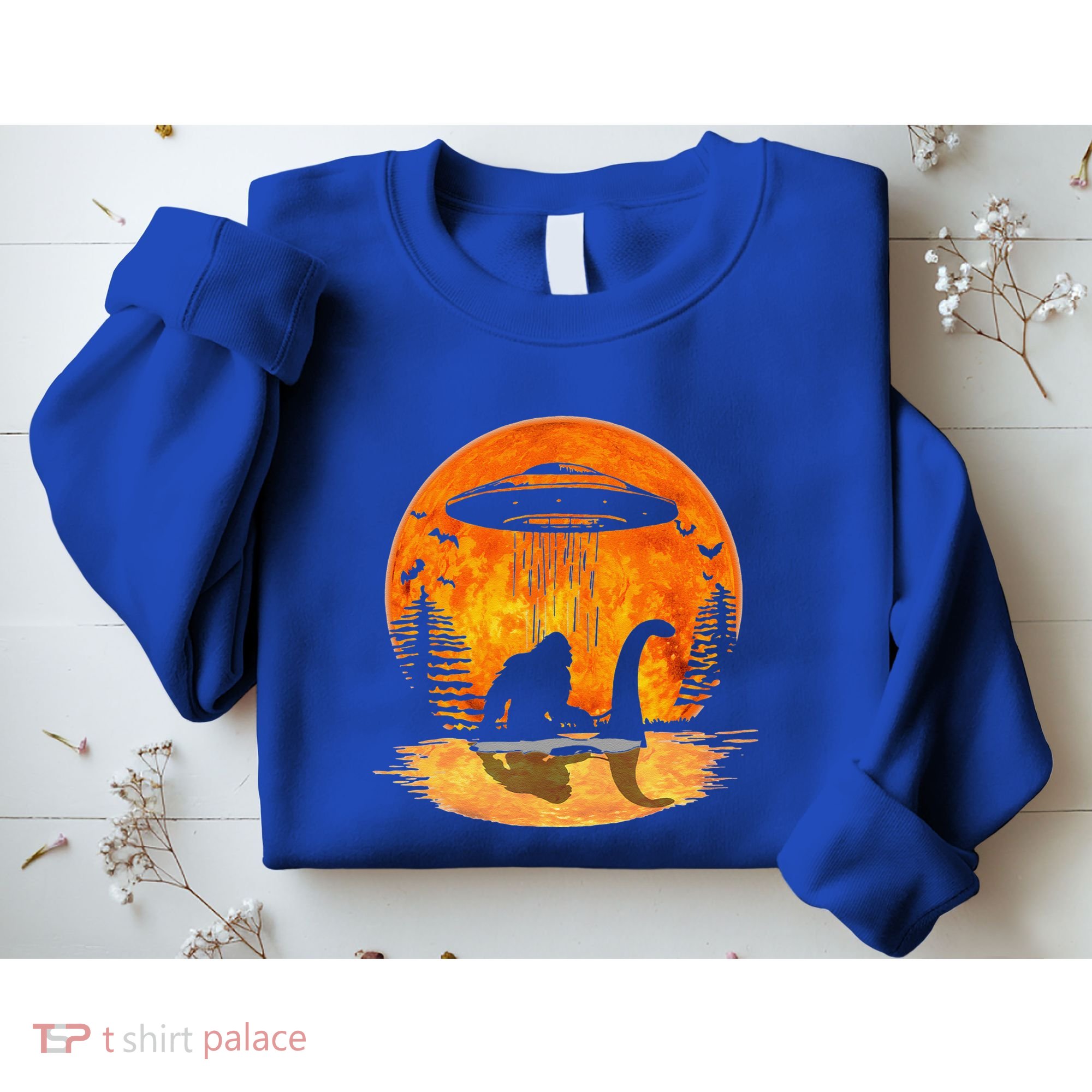 Bigfoot Riding Loch Ness Alien Ship UFO Moon Halloween Sweatshirt