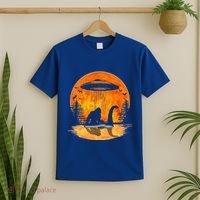 Bigfoot Riding Loch Ness Alien Ship UFO Moon Halloween T-Shirt thumb 2