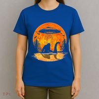 Bigfoot Riding Loch Ness Alien Ship UFO Moon Halloween T-Shirt thumb 4