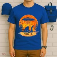 Bigfoot Riding Loch Ness Alien Ship UFO Moon Halloween T-Shirt thumb 6