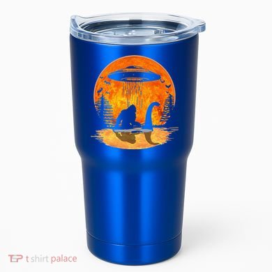 Bigfoot Riding Loch Ness Alien Ship UFO Moon Halloween Tumbler