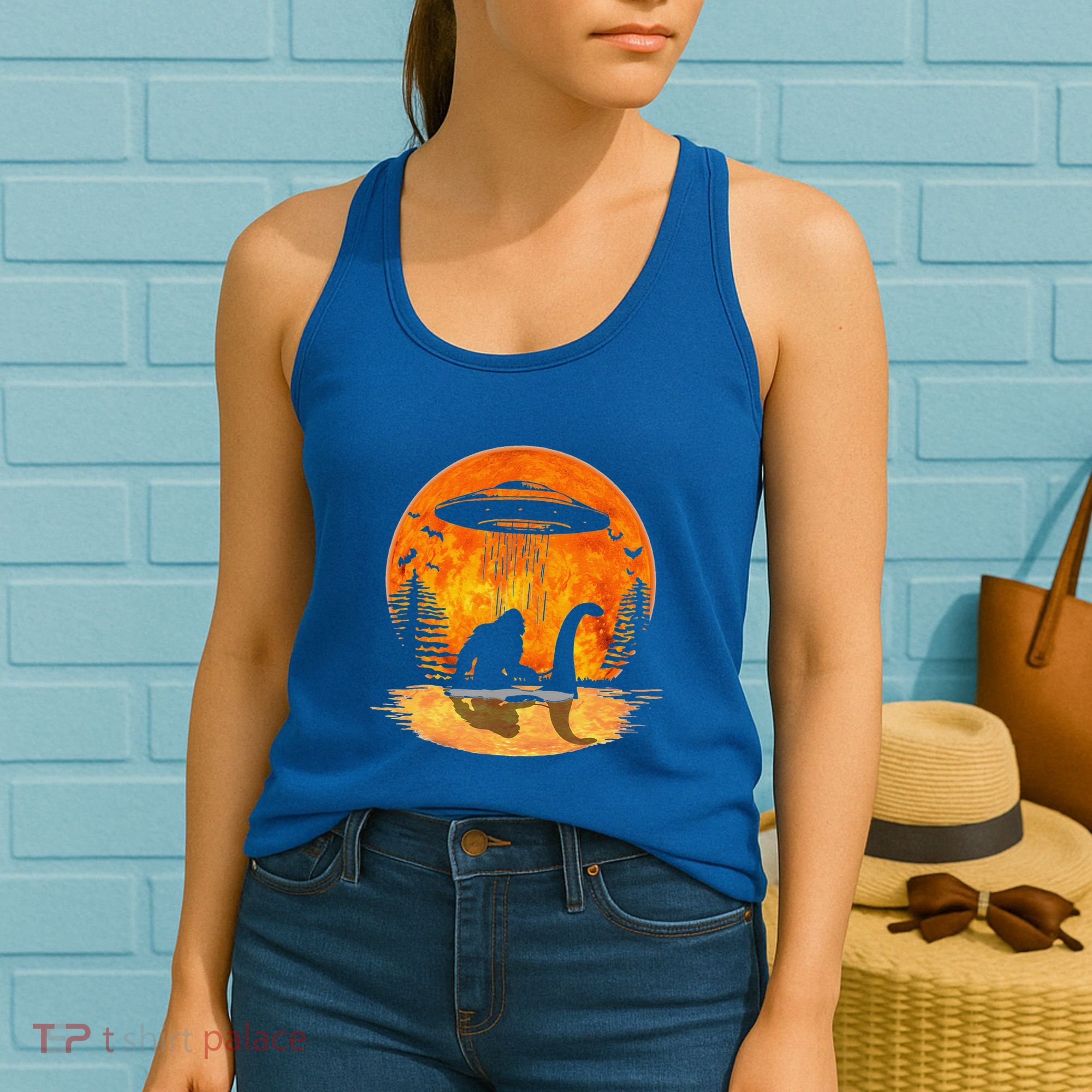 Bigfoot Riding Loch Ness Alien Ship UFO Moon Halloween Women's Tank Top
