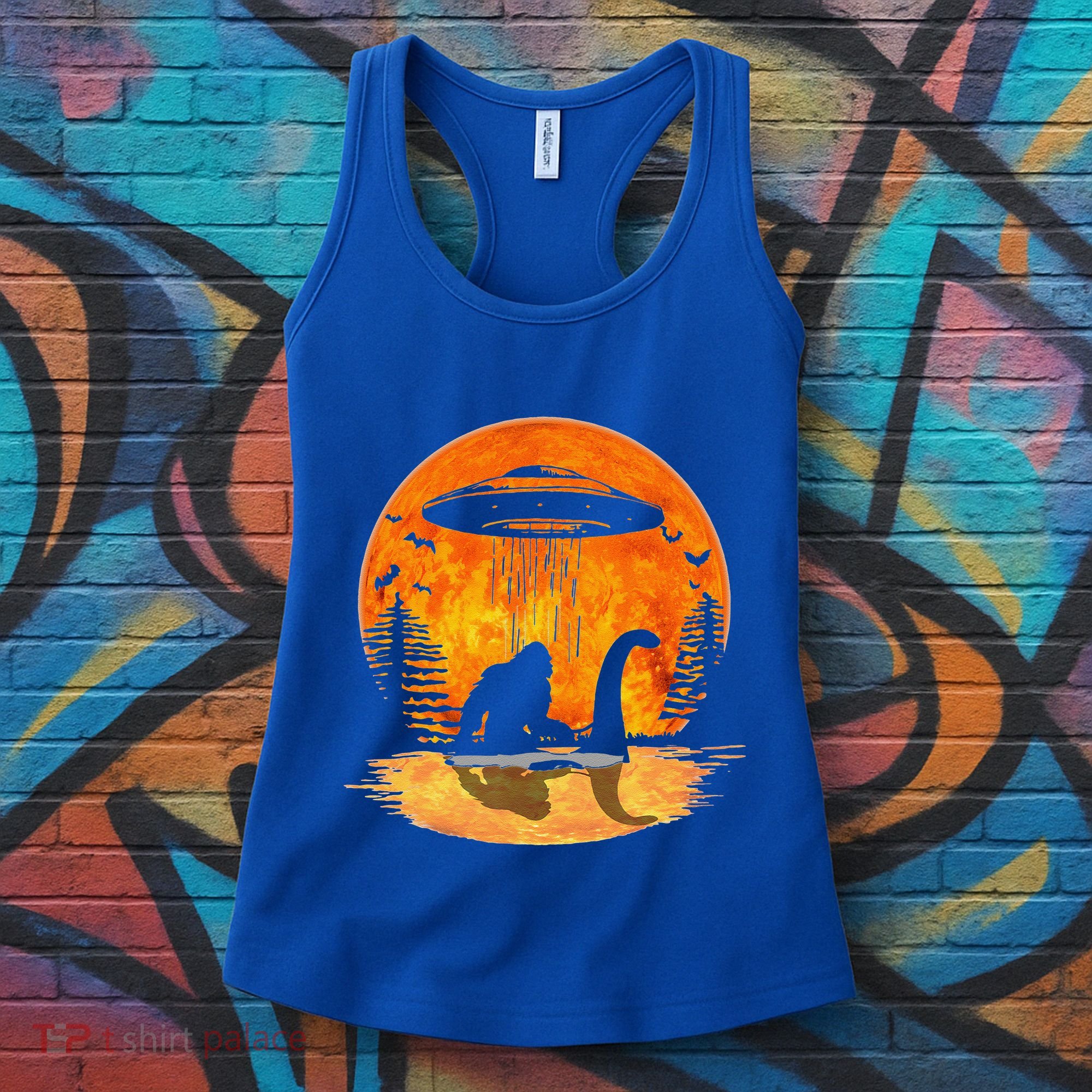 Bigfoot Riding Loch Ness Alien Ship UFO Moon Halloween Women's Tank Top