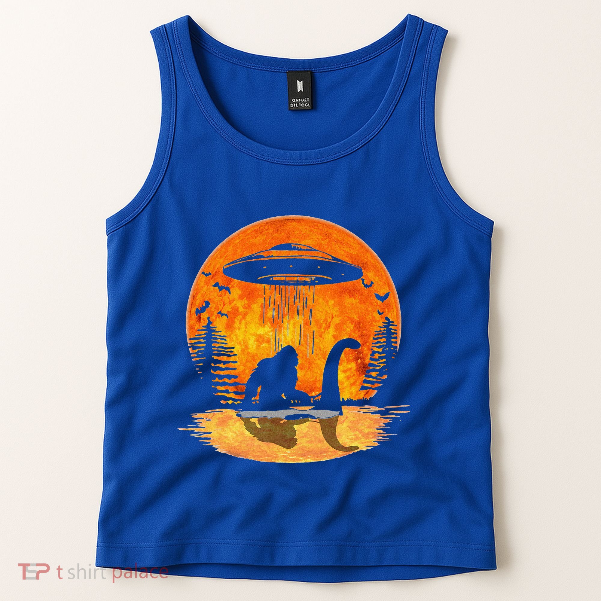 Bigfoot Riding Loch Ness Alien Ship UFO Moon Halloween Tank Top