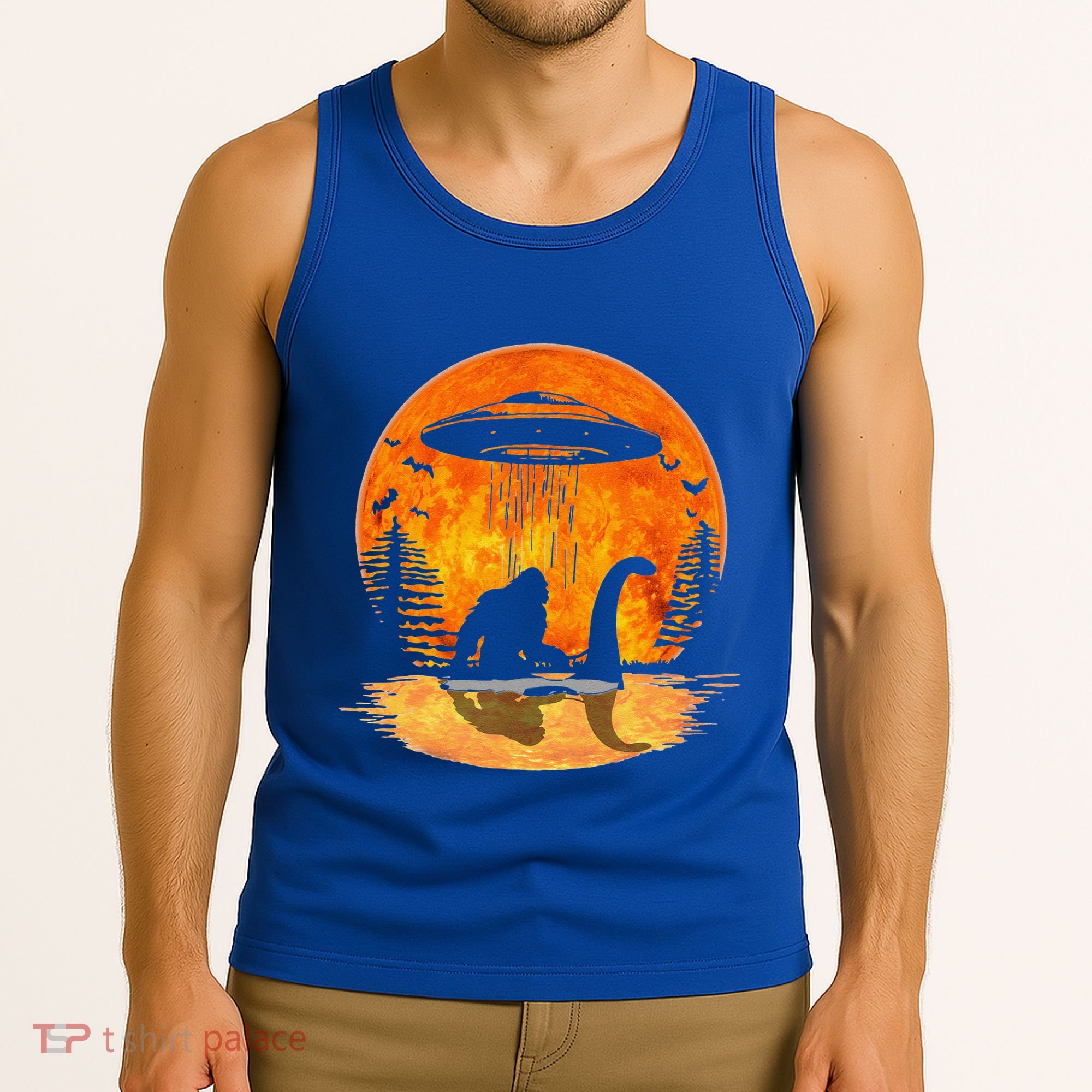 Bigfoot Riding Loch Ness Alien Ship UFO Moon Halloween Tank Top
