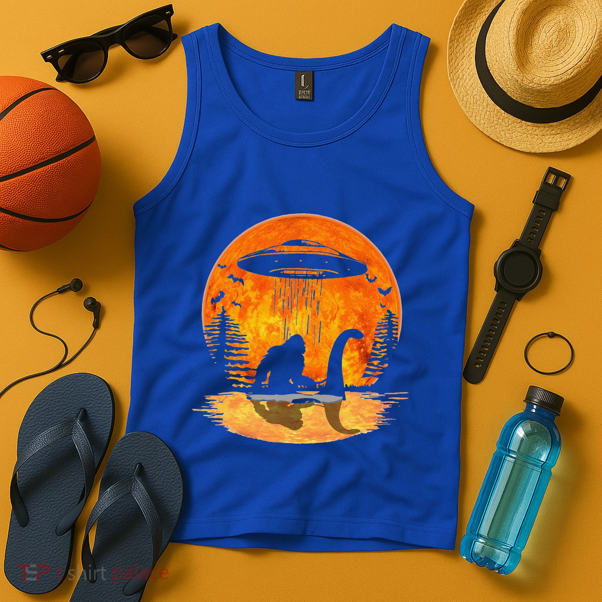 Bigfoot Riding Loch Ness Alien Ship UFO Moon Halloween Tank Top
