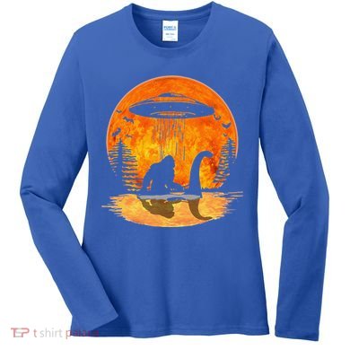 Bigfoot Riding Loch Ness Alien Ship UFO Moon Halloween Women's Long Sleeve Shirt