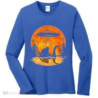 Bigfoot Riding Loch Ness Alien Ship UFO Moon Halloween Women's Long Sleeve Shirt thumb 0