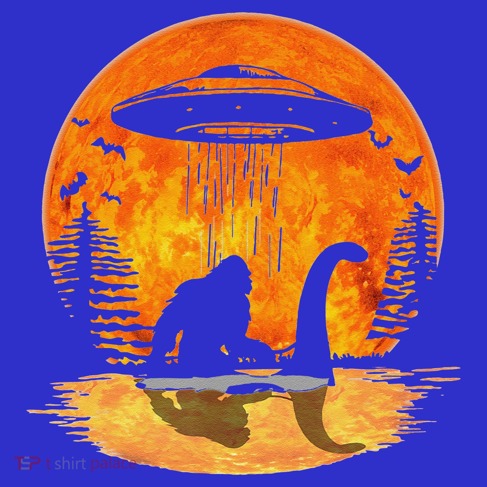 Bigfoot Riding Loch Ness Alien Ship UFO Moon Halloween Women's Long Sleeve Shirt