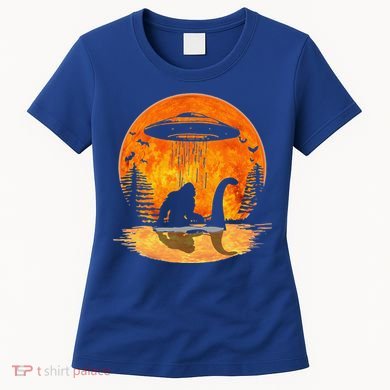 Bigfoot Riding Loch Ness Alien Ship UFO Moon Halloween Women's T-Shirt
