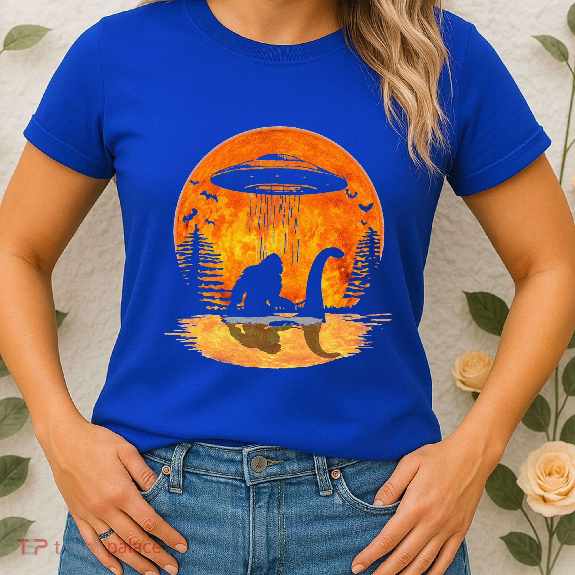 Bigfoot Riding Loch Ness Alien Ship UFO Moon Halloween Women's T-Shirt