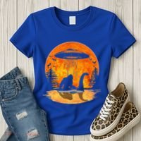 Bigfoot Riding Loch Ness Alien Ship UFO Moon Halloween Women's T-Shirt thumb 3