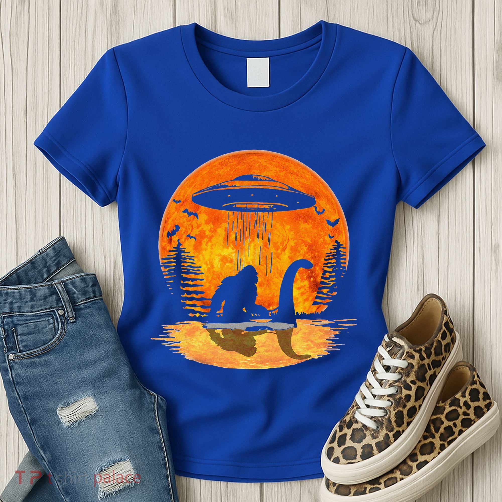 Bigfoot Riding Loch Ness Alien Ship UFO Moon Halloween Women's T-Shirt