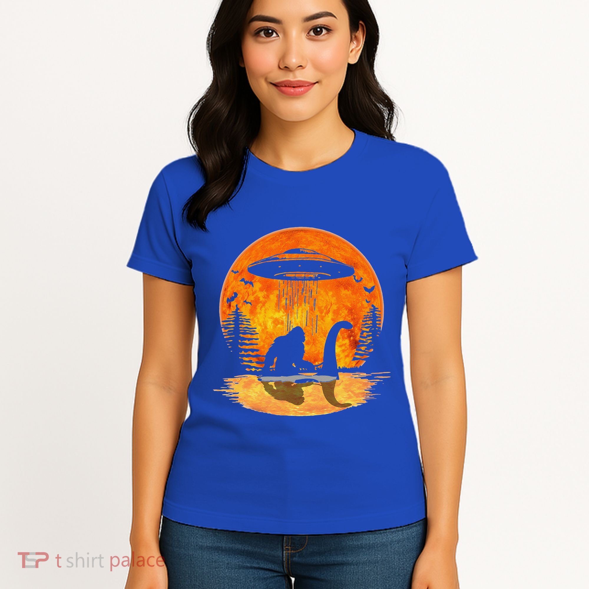 Bigfoot Riding Loch Ness Alien Ship UFO Moon Halloween Women's T-Shirt