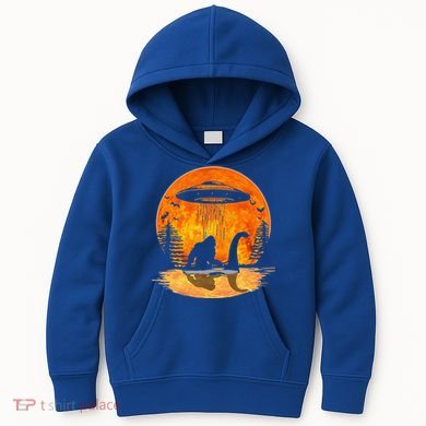 Bigfoot Riding Loch Ness Alien Ship UFO Moon Halloween Kids Hoodie