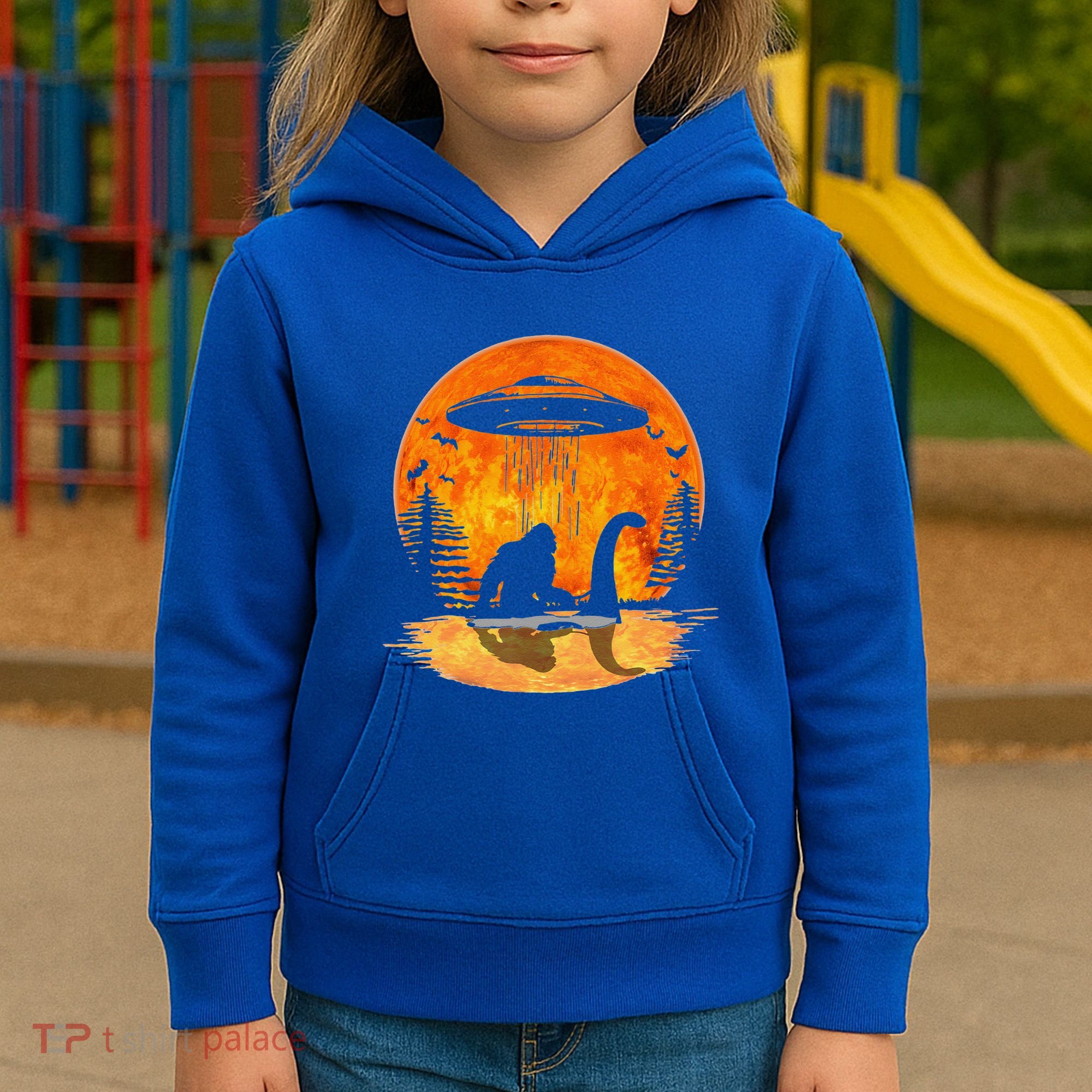 Bigfoot Riding Loch Ness Alien Ship UFO Moon Halloween Kids Hoodie