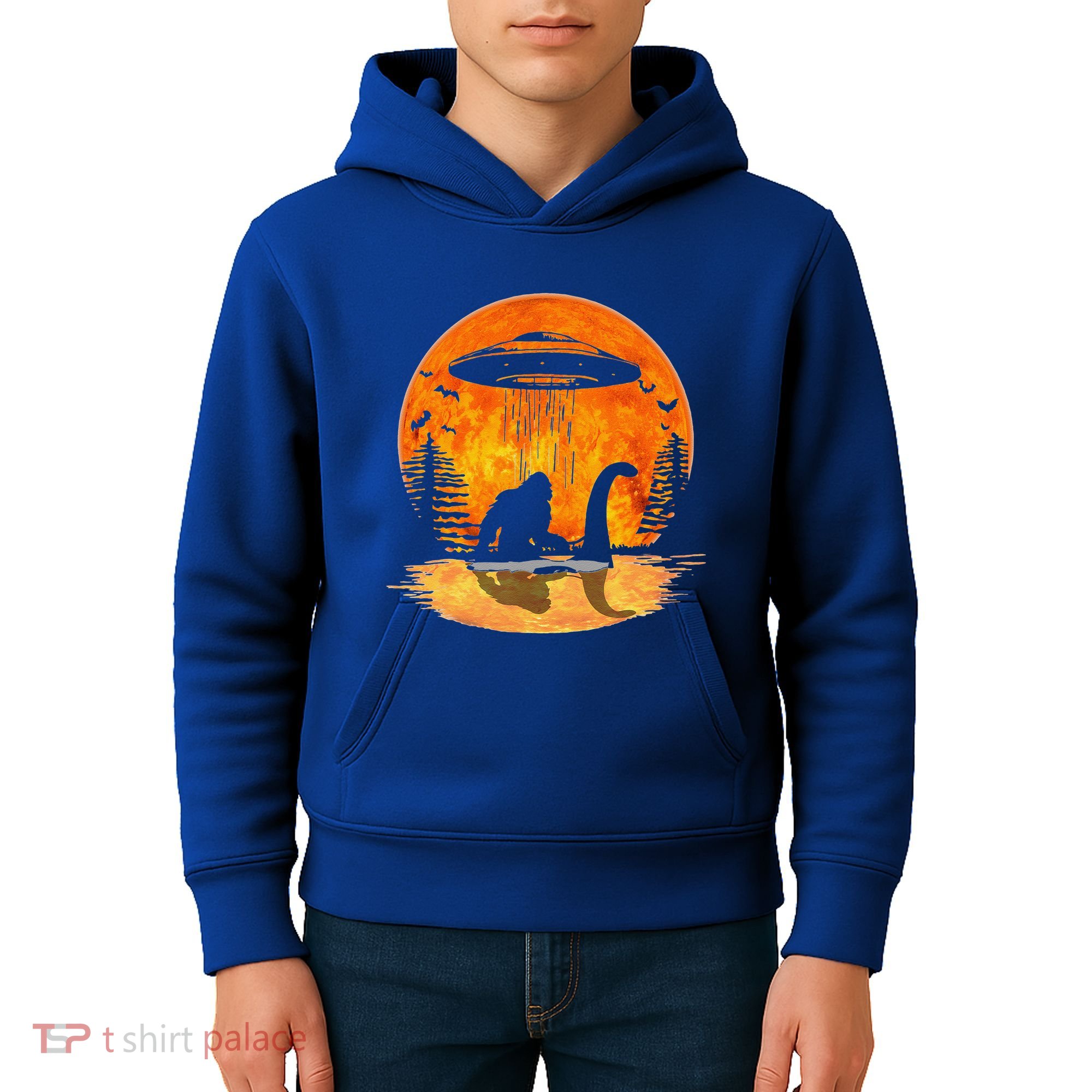 Bigfoot Riding Loch Ness Alien Ship UFO Moon Halloween Kids Hoodie