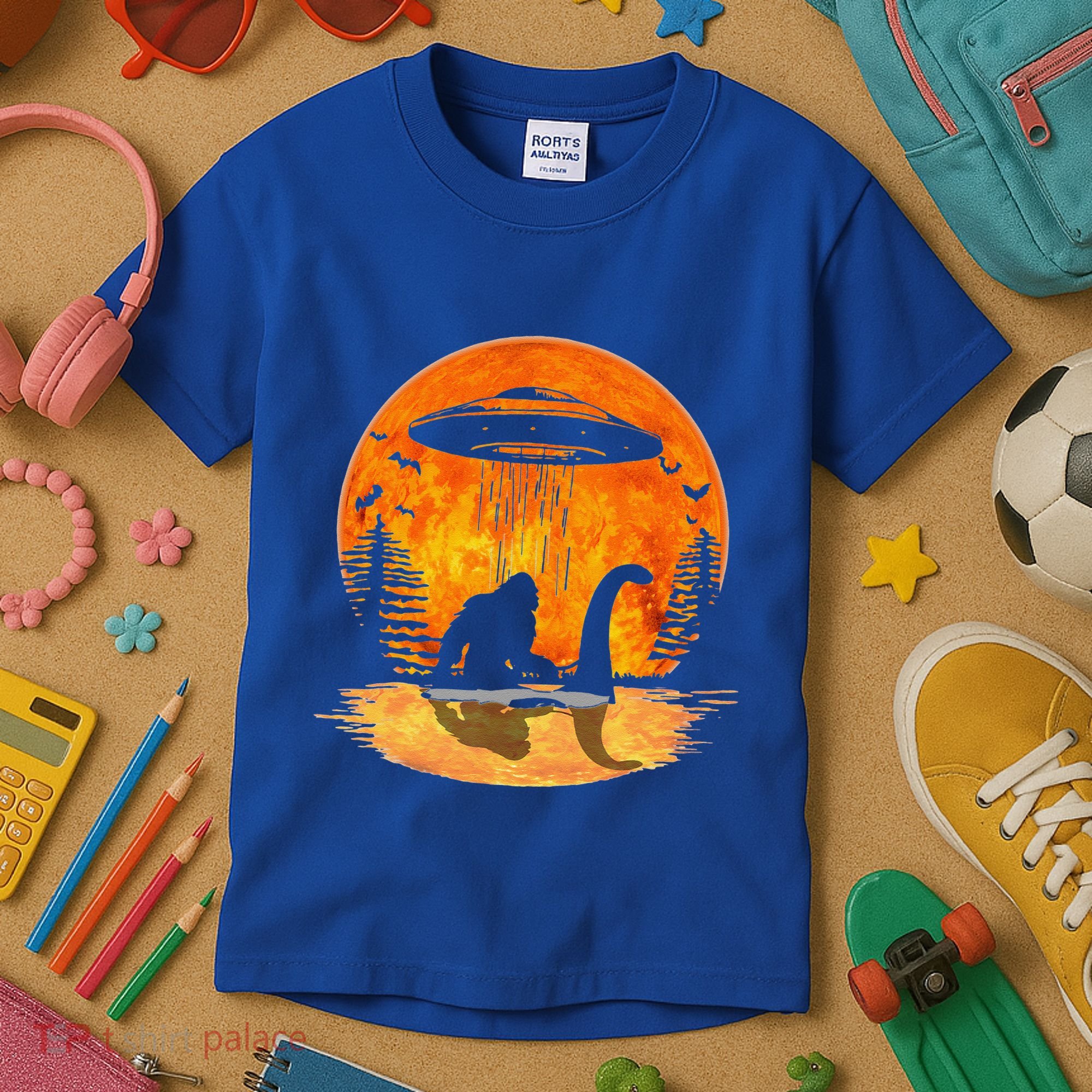 Bigfoot Riding Loch Ness Alien Ship UFO Moon Halloween Kids T-Shirt