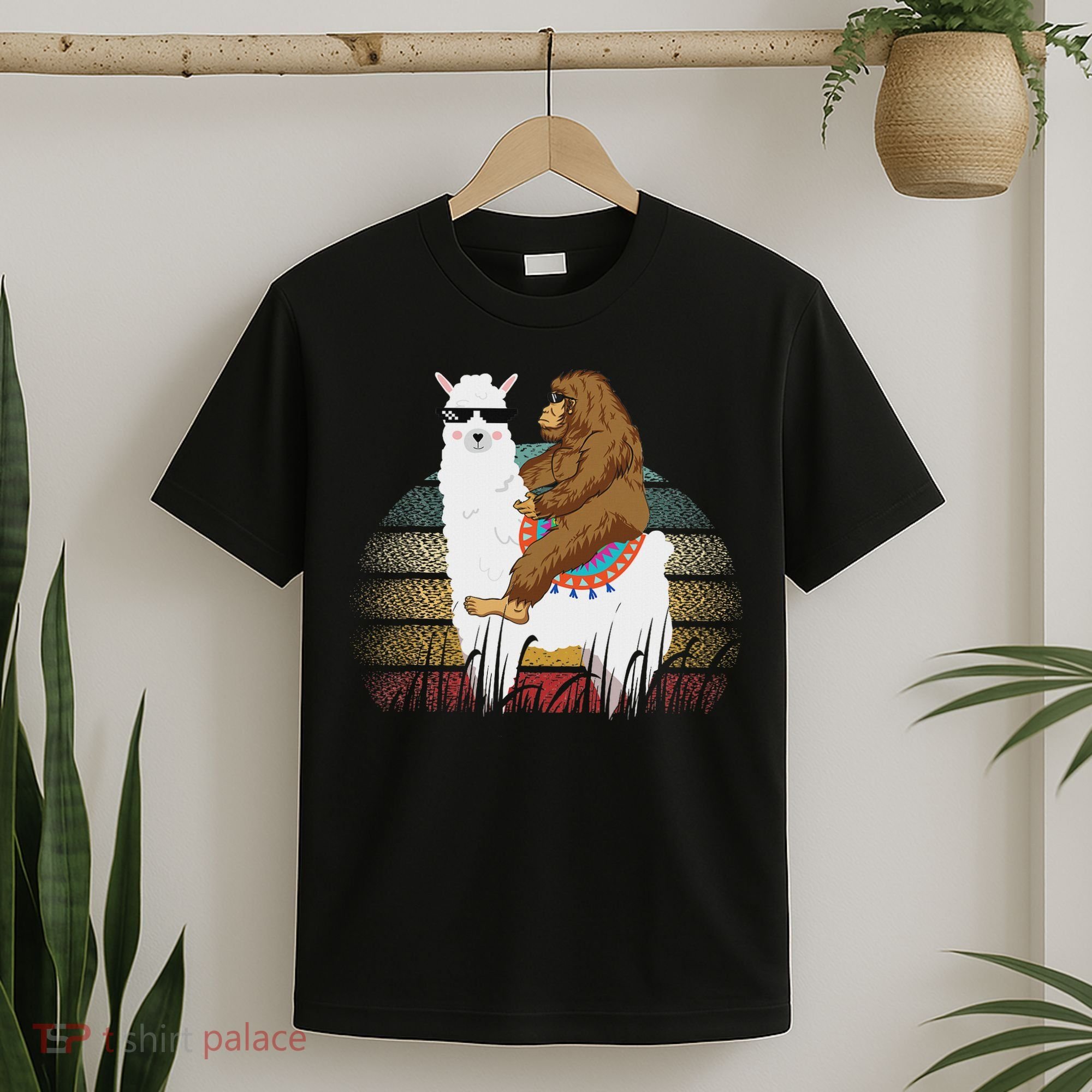 Bigfoot Riding Llama Sasquatch Retro T-Shirt