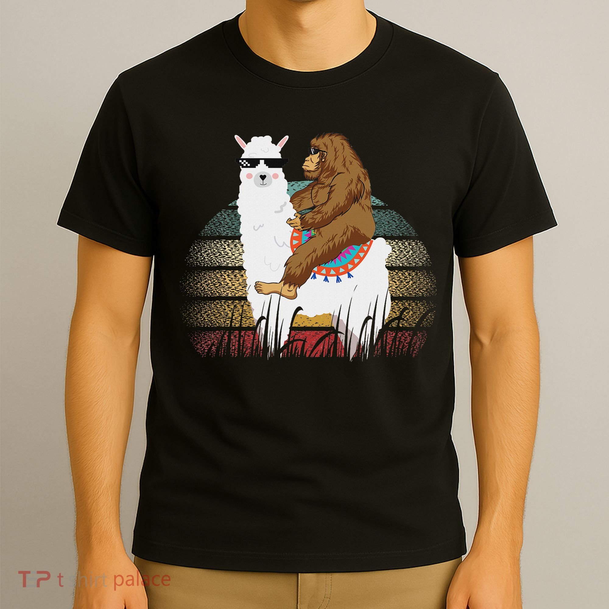 Bigfoot Riding Llama Sasquatch Retro T-Shirt