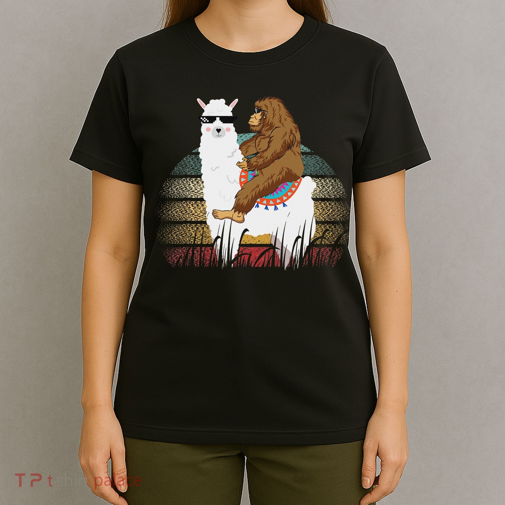 Bigfoot Riding Llama Sasquatch Retro T-Shirt