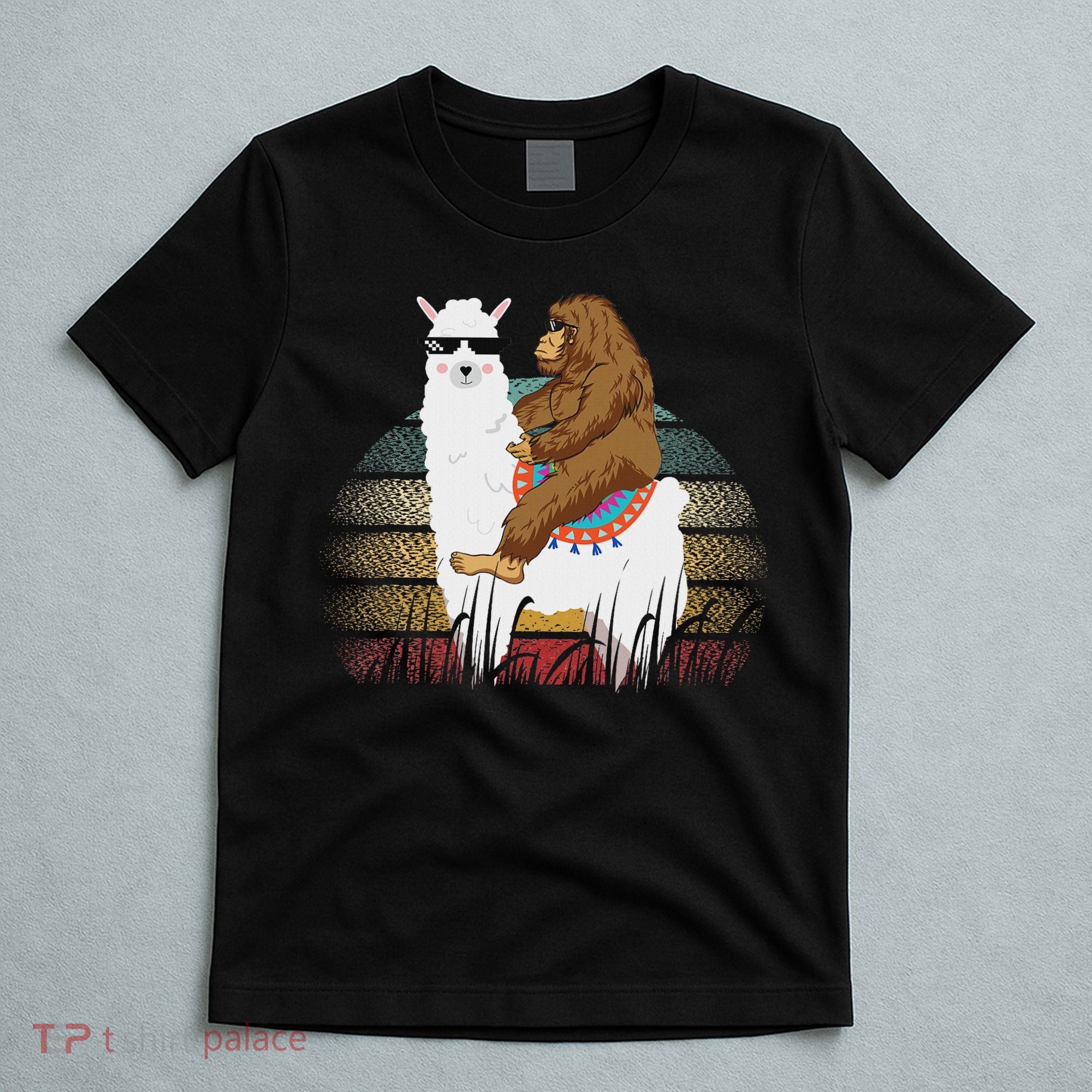 Bigfoot Riding Llama Sasquatch Retro T-Shirt