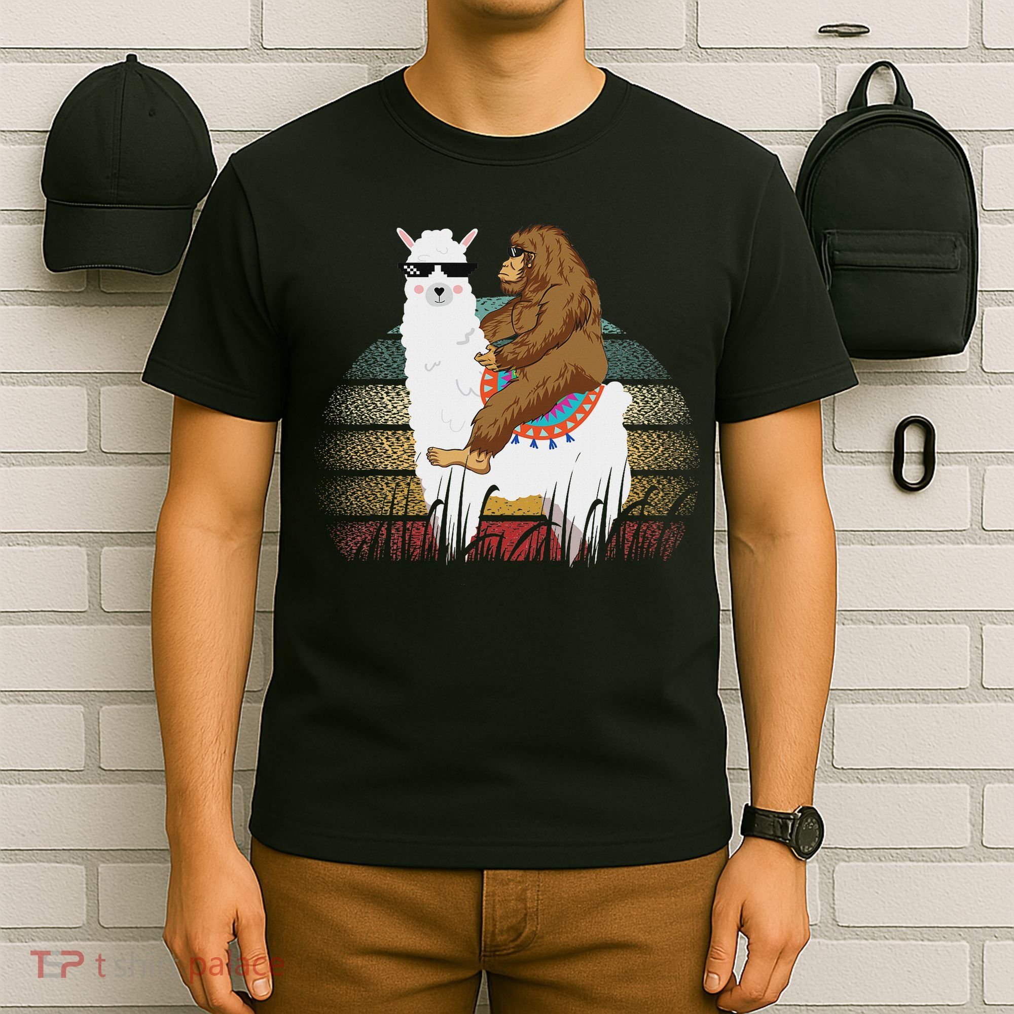Bigfoot Riding Llama Sasquatch Retro T-Shirt