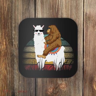 Bigfoot Riding Llama Sasquatch Retro Coaster