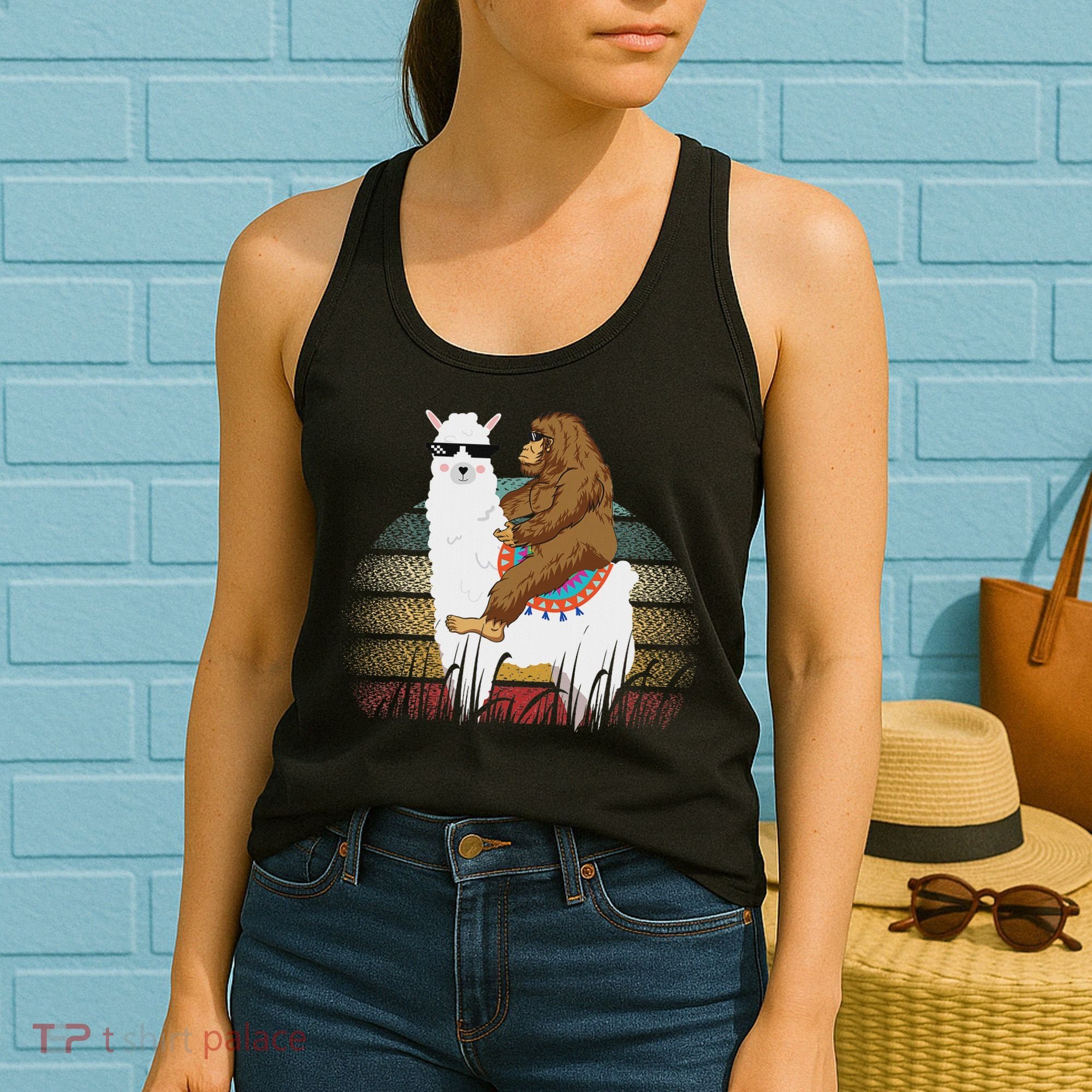 Bigfoot Riding Llama Sasquatch Retro Women's Tank Top