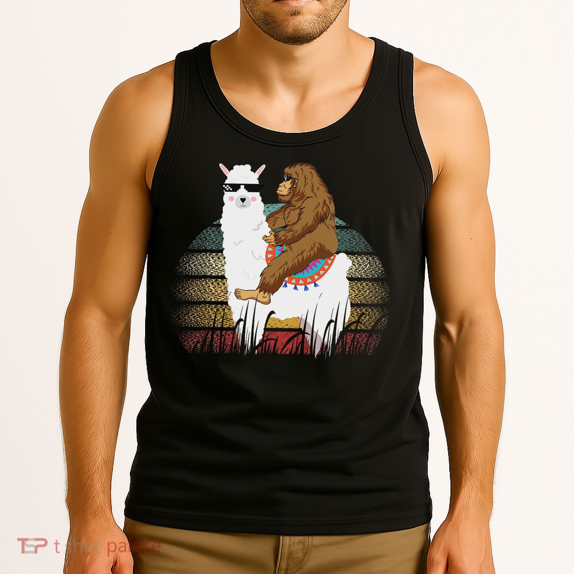 Bigfoot Riding Llama Sasquatch Retro Tank Top