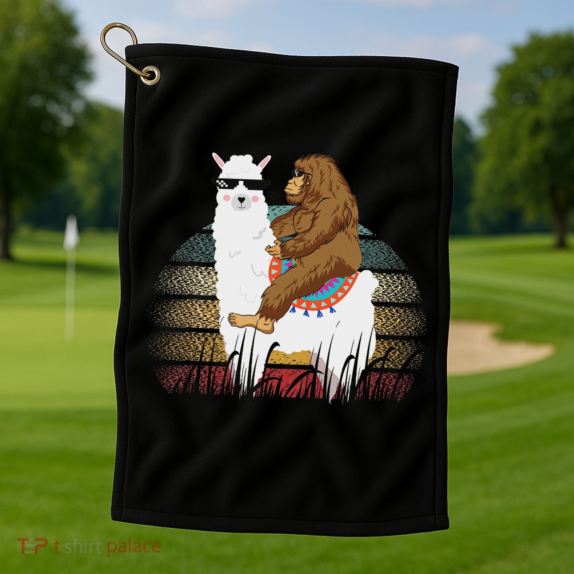 Bigfoot Riding Llama Sasquatch Retro Golf Towel