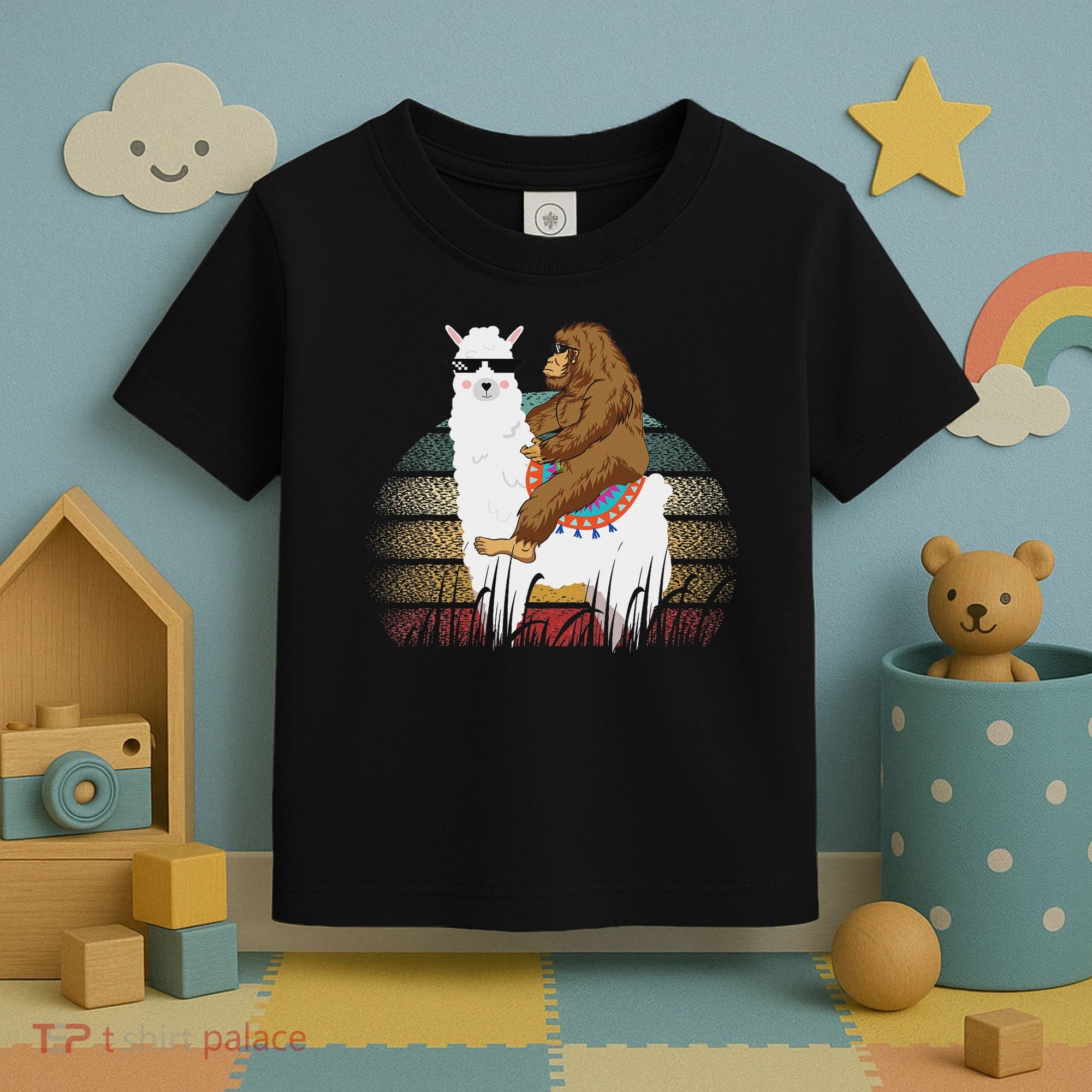 Bigfoot Riding Llama Sasquatch Retro Toddler T-Shirt