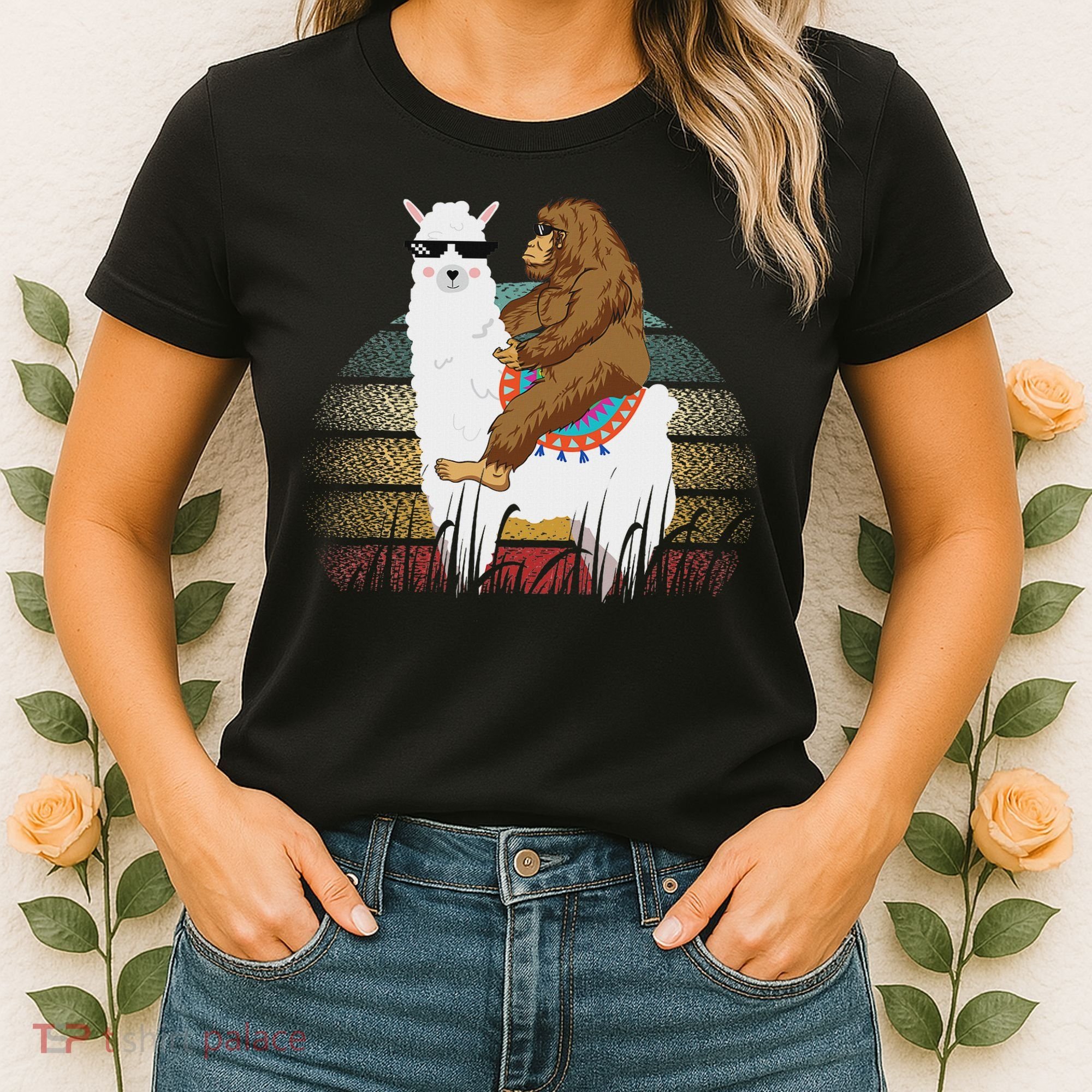 Bigfoot Riding Llama Sasquatch Retro Women's T-Shirt