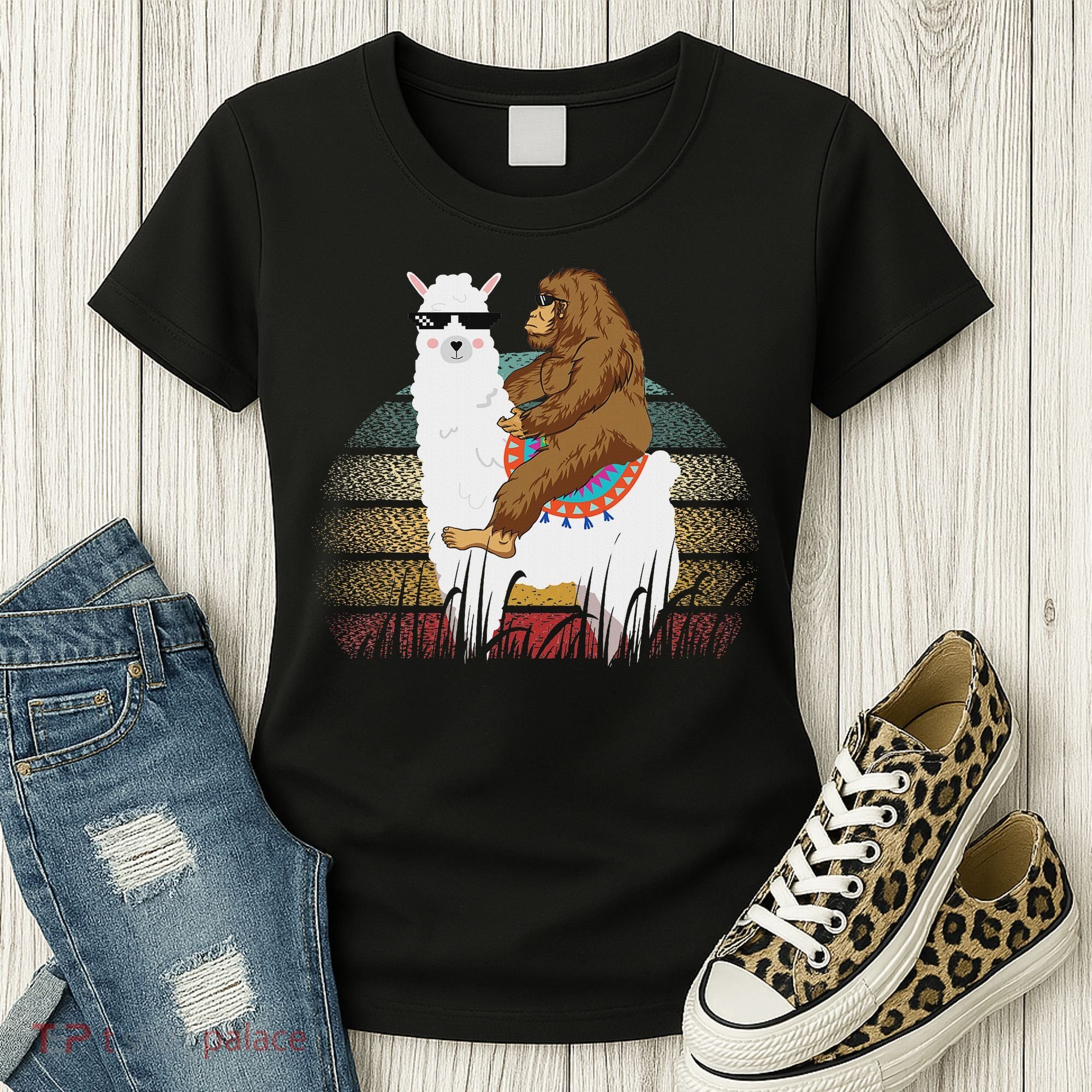 Bigfoot Riding Llama Sasquatch Retro Women's T-Shirt
