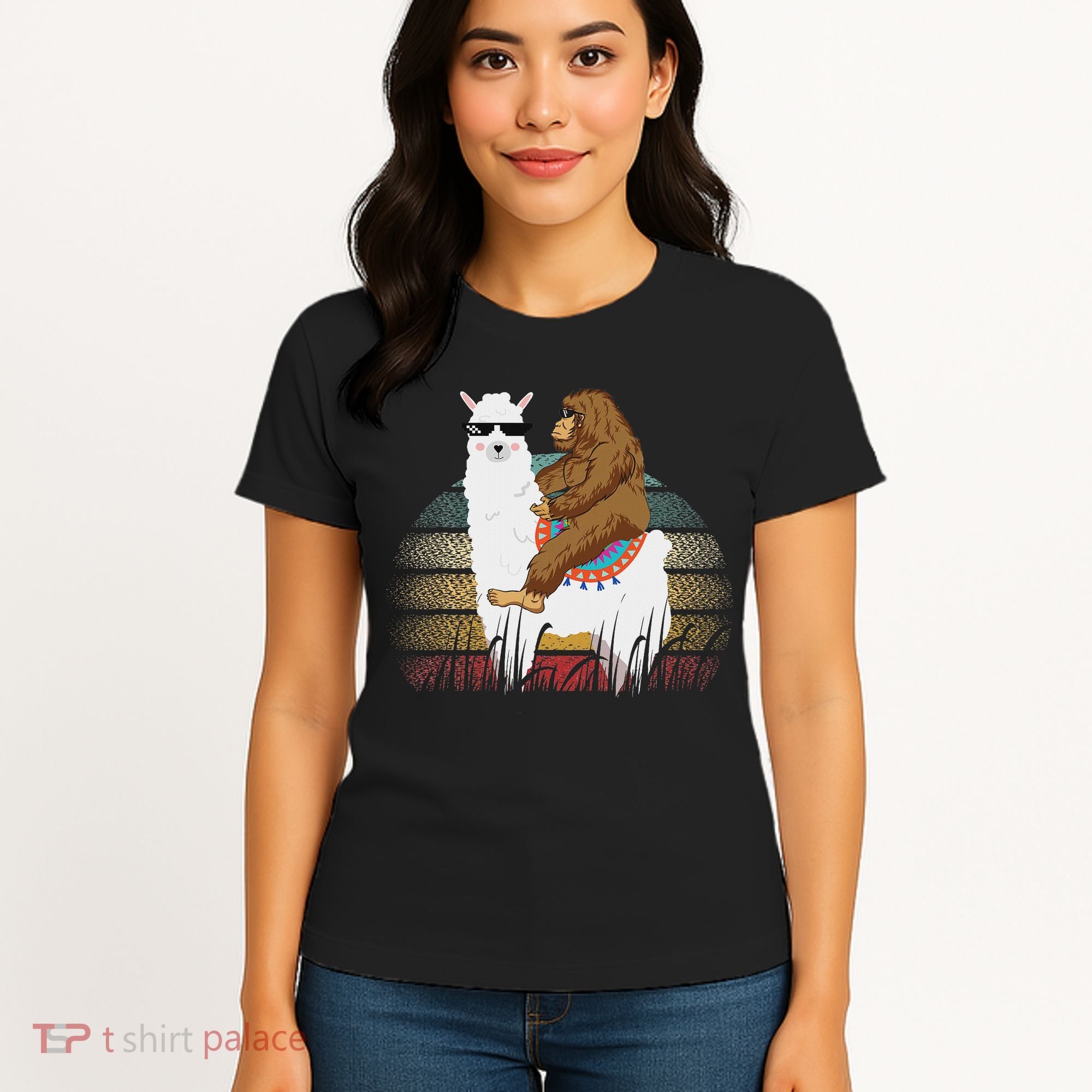 Bigfoot Riding Llama Sasquatch Retro Women's T-Shirt